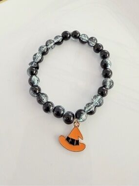 Black & Silver Beaded Bracelet with Orange Witch Hat Charm